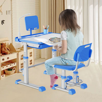 LVYUAN Kids Study Desk and Chair Set Height Adjustable Children School Study Drawing Desk Chair with LED Lamp, Tilt Desktop, Storage Drawer, Book Stand Blue