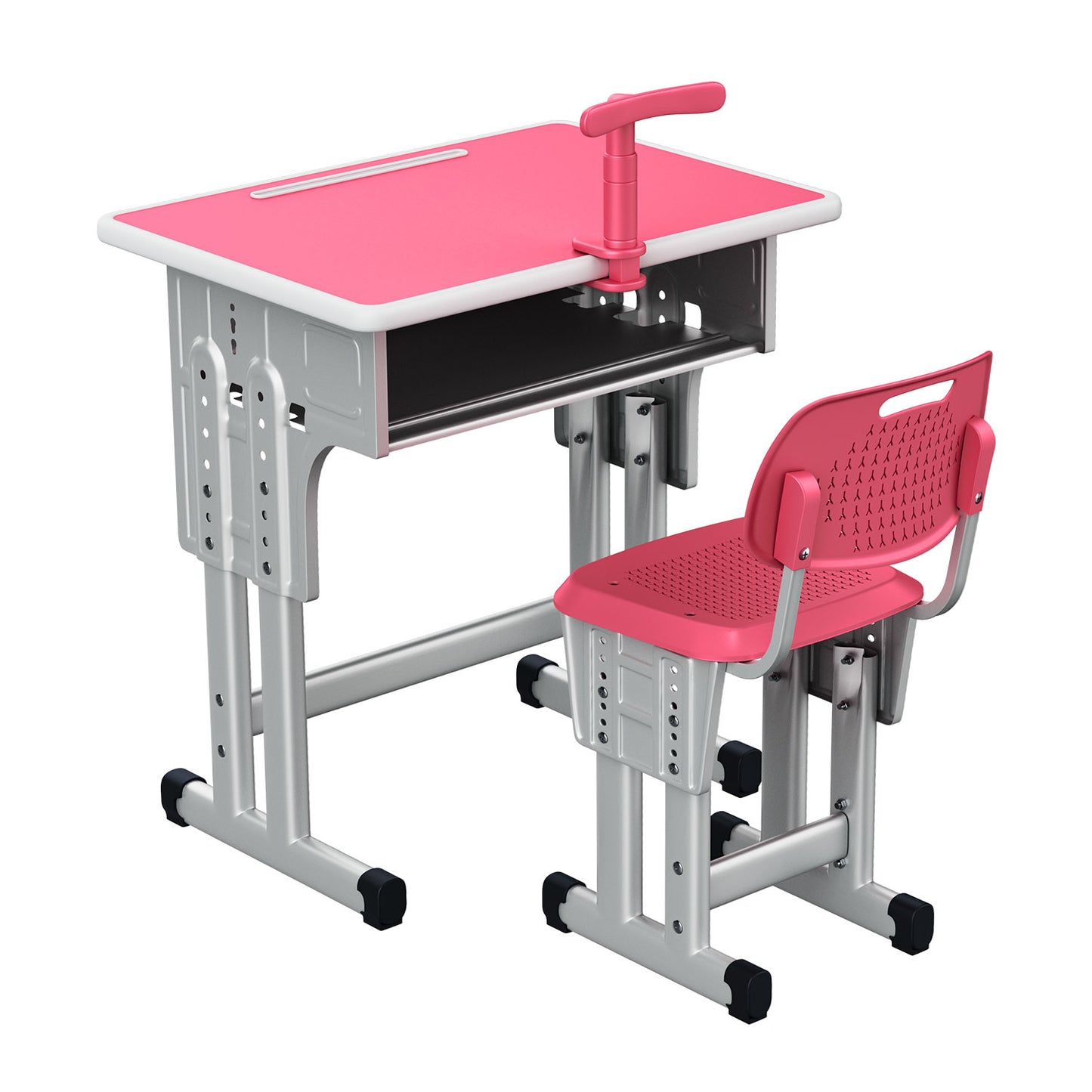 Kids Study Desk and Chair Set, LVYUAN Height Adjustable Children School Study Drawing Desk, Ergonomic Kids Table Desk and Chair Set with Storage Drawer, Hook, Bracket, Pen Slot for Ages 3-18 Pink