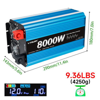 LVYUAN 4000W 8000W Peak Pure Sine Wave Power Inverter 12V DC to 110V AC Converter, 60Hz/50Hz, 4 AC Outlets + USB, LCD Display, Remote Control for Car, RV, Camping & Home Backup Blue