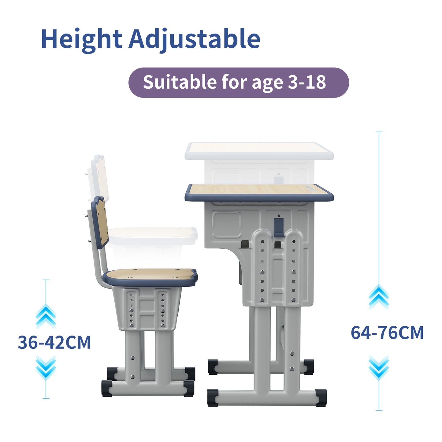 Kids Study Desk and Chair Set, LVYUAN Children School Study Drawing Desk Chair Height Adjustable Kids Table Desk and Chair Set with Storage Drawer, Hook Gray