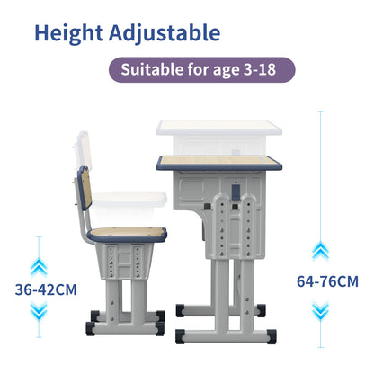 Kids Study Desk and Chair Set, LVYUAN Children School Study Drawing Desk Chair Height Adjustable Kids Table Desk and Chair Set with Storage Drawer, Hook Gray