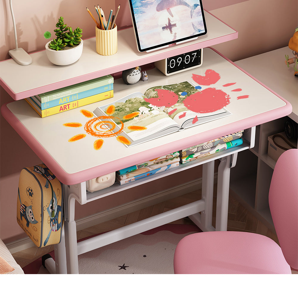 Kids Study Desk and Chair Set, LVYUAN Children School Drawing Desk Chair Set Height Adjustable Ergonomic Table and Chair Set  with LED Lamp, Book Stand, Storage Drawer, Hook Pink