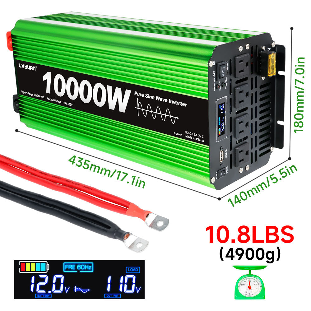 LVYUAN 5000W 10000W Peak Pure Sine Wave Power Inverter 12V DC to 110V AC Converter, 60Hz/50Hz, 4 AC Outlets + USB, LCD Display, Remote Control for Car, RV, Camping & Home Backup Green