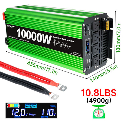 LVYUAN 5000W 10000W Peak Pure Sine Wave Power Inverter 12V DC to 110V AC Converter, 60Hz/50Hz, 4 AC Outlets + USB, LCD Display, Remote Control for Car, RV, Camping & Home Backup Green