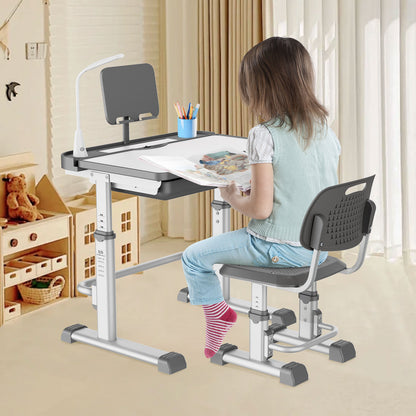LVYUAN Kids Study Desk and Chair Set Height Adjustable Children School Study Drawing Desk Chair with LED Lamp, Tilt Desktop, Storage Drawer, Book Stand Grey