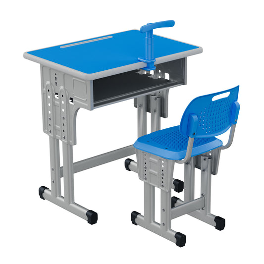 Kids Study Desk and Chair Set, LVYUAN Height Adjustable Children School Study Drawing Desk, Ergonomic Kids Table Desk and Chair Set with Storage Drawer, Hook, Bracket, Pen Slot for Ages 3-18 Blue