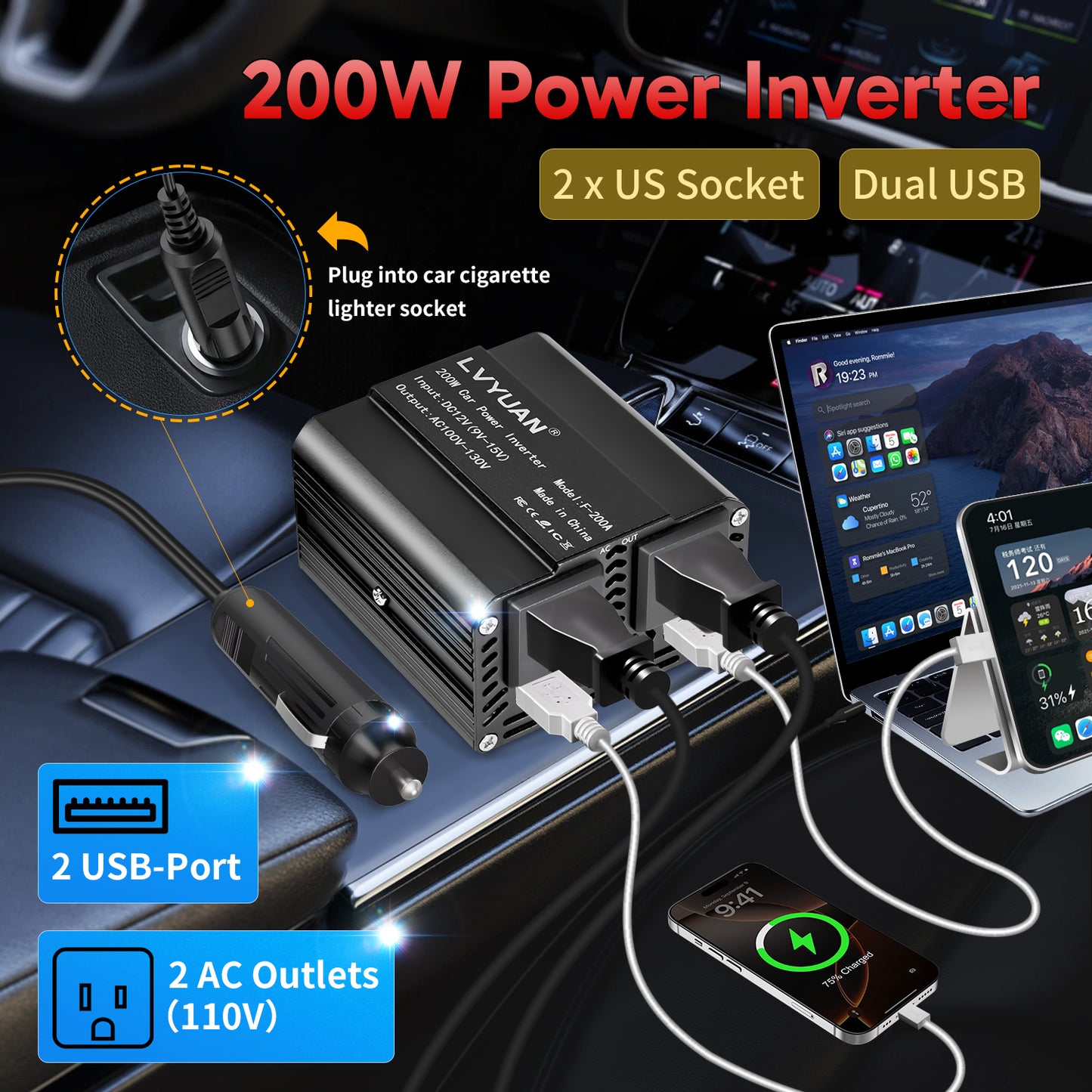 LVYUAN 200W Modified Sine Wave Power Inverter 12V DC to 110V AC Vehicles Converter 2 AC Outlets + 2USB Charger Car Plug Adapter for Laptop, Computer, Car, RV, Camping & Home Black