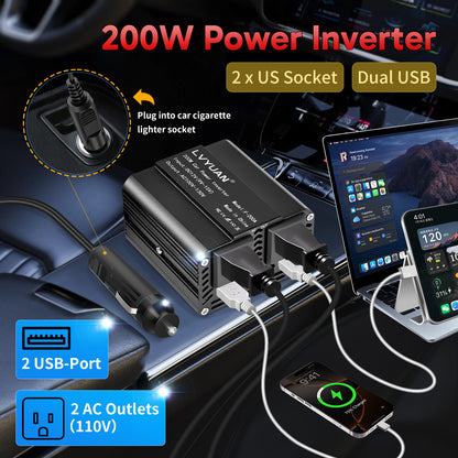 LVYUAN 200W Modified Sine Wave Power Inverter 12V DC to 110V AC Vehicles Converter 2 AC Outlets + 2USB Charger Car Plug Adapter for Laptop, Computer, Car, RV, Camping & Home Black