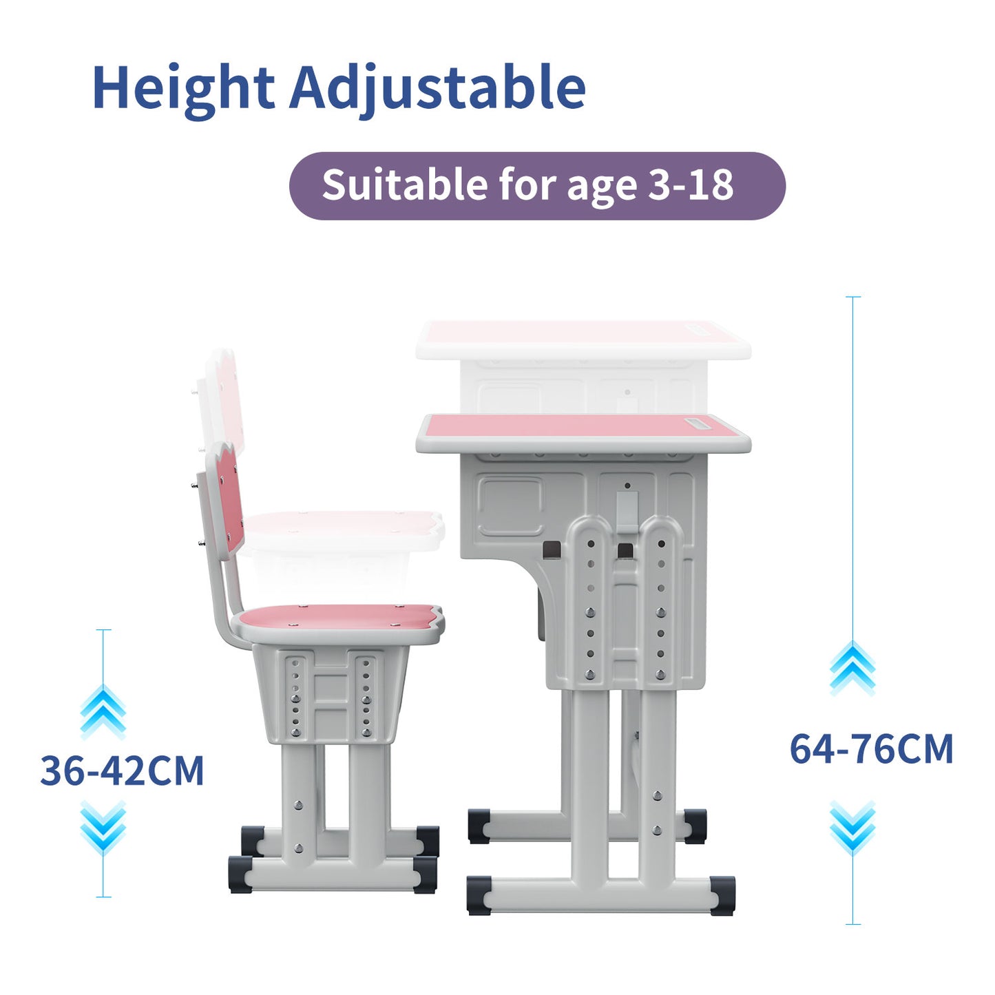 Kids Study Desk and Chair Set, LVYUAN Children School Study Drawing Desk Chair Height Adjustable Kids Table Desk and Chair Set with Storage Drawer, Hook Pink