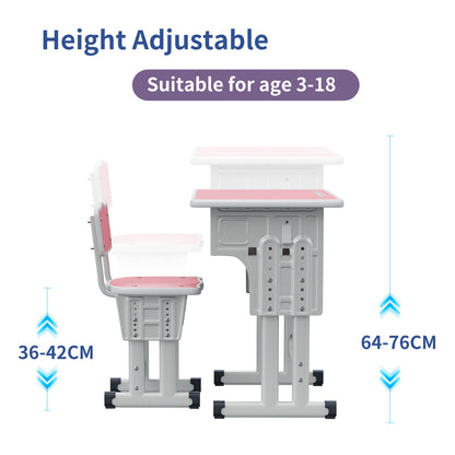 Kids Study Desk and Chair Set, LVYUAN Children School Study Drawing Desk Chair Height Adjustable Kids Table Desk and Chair Set with Storage Drawer, Hook Pink