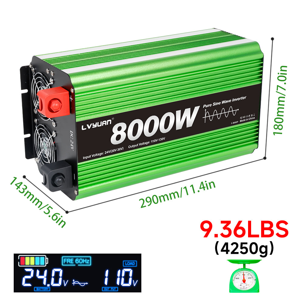 LVYUAN 4000W 8000W Peak Pure Sine Wave Power Inverter 24V DC to 110V AC Converter, 60Hz/50Hz, 4 AC Outlets + USB, LCD Display, Remote Control for Car, RV, Camping & Home Backup Green