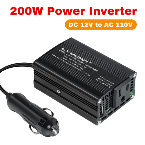 LVYUAN 200W Modified Sine Wave Car Power Inverter, DC 12V to AC 110V Converter with 20W PD USB-C & AC & 3.0 USB Adapter for Vehicles