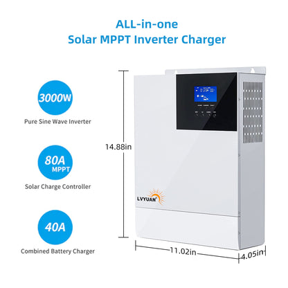 LVYUAN Onduleur de chargeur hybride solaire tout-en-un intégré 3000 W 24 V à onde sinusoïdale pure et contrôleur solaire MPPT 80 A pour système hors réseau 