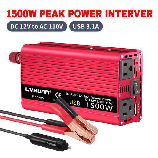LVYUAN 1500 Watts Peak Power Inverter Modified Sine Wave DC 12V to AC 110V 120V Car Converter 2 AC Outlets + USB Adapter USB Charger for Car, RV, Camping & Home Backup Red
