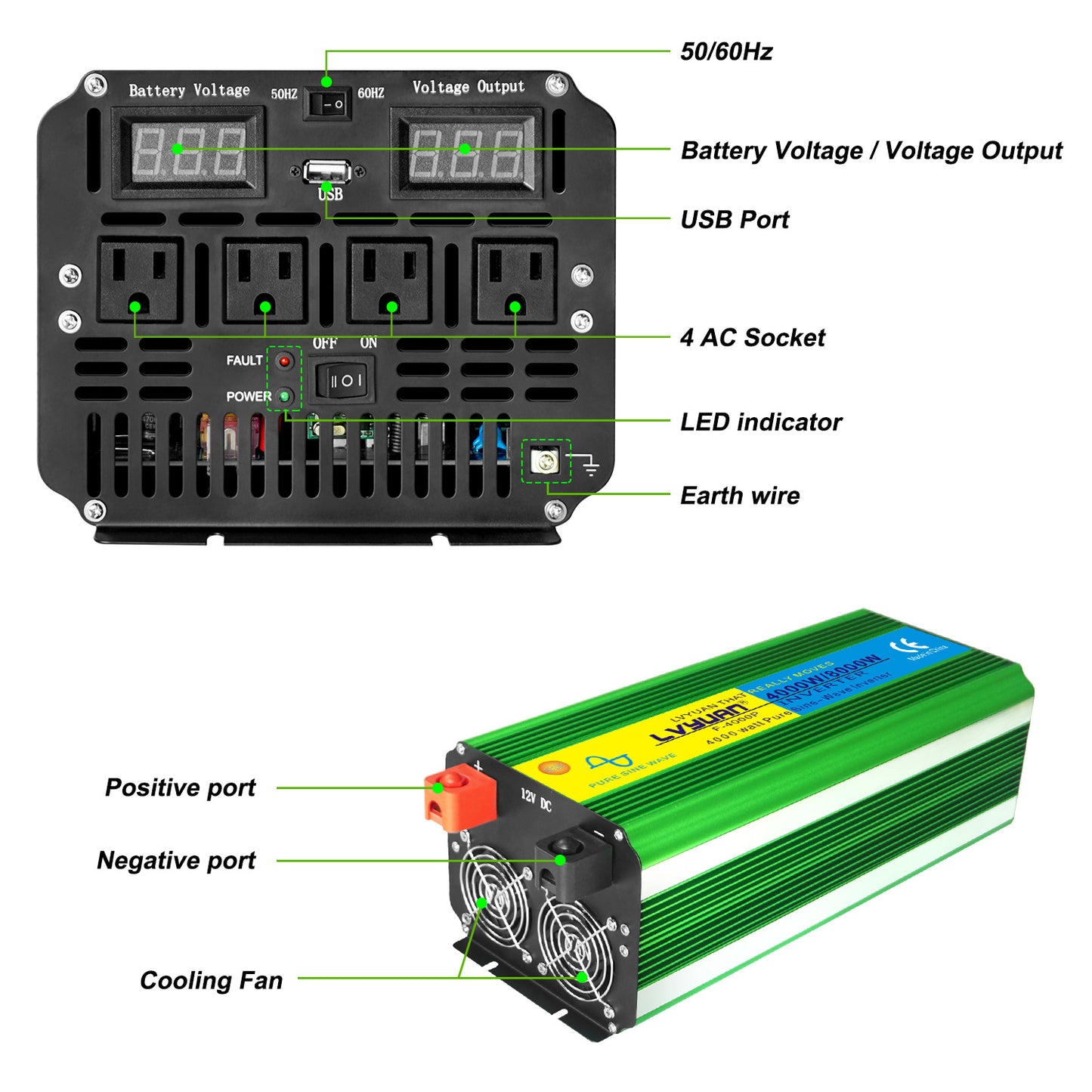 LVYUAN Onduleur à onde sinusoïdale pure 4000 W Convertisseur 12 V à 110 V (crête) 8000 W avec 4 prises, écran LED, télécommande et port USB pour voiture, camping-car, camion, essentiels de voyage, urgence