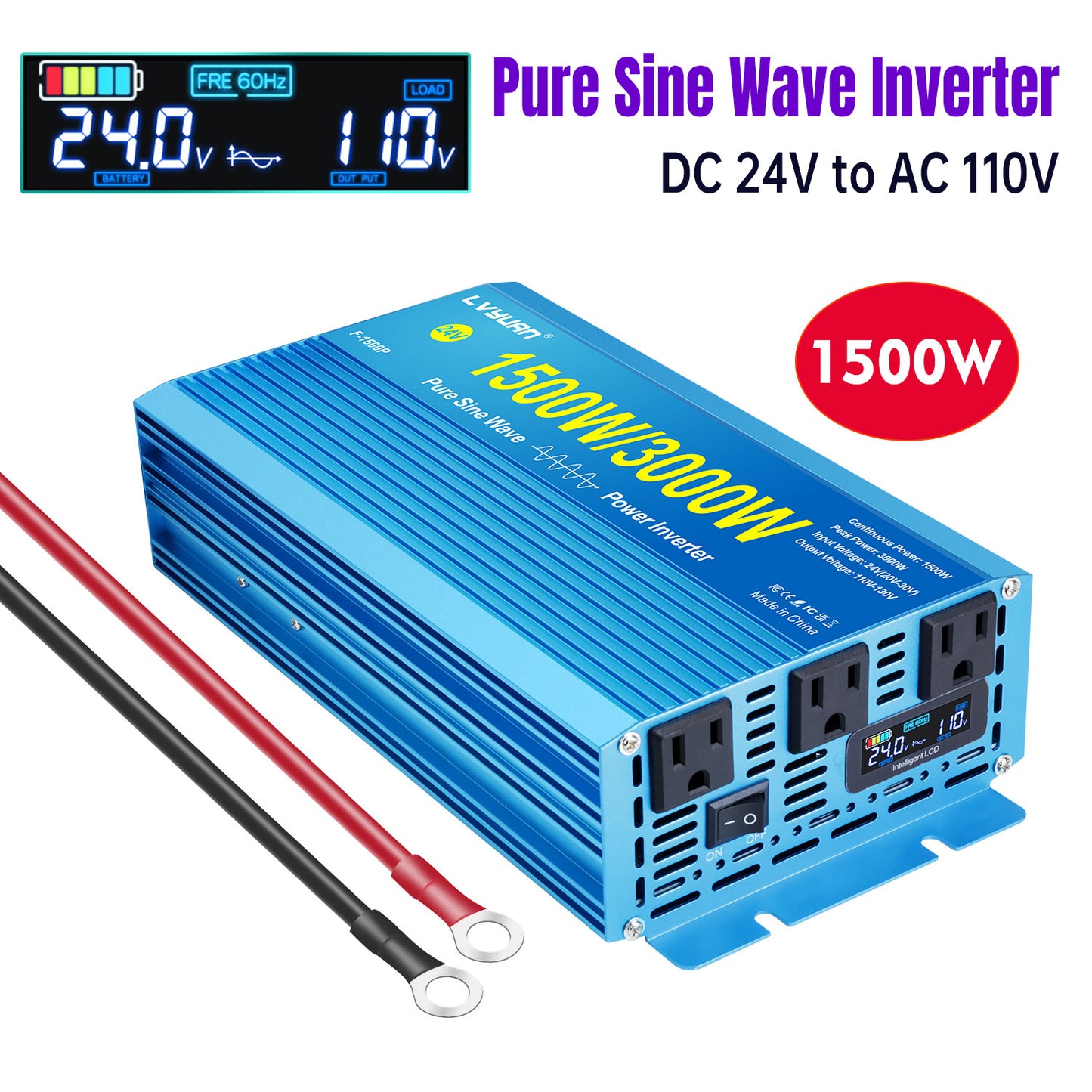 LVYUAN 1500W 3000W Peak Power Inverter DC 24V to AC 110V Pure Sine Wave Car Battery Inverter 3 AC Outlets Charger Adapter LCD Display for Car, RV, Truck, Camping, Home Backup, Emergency Power