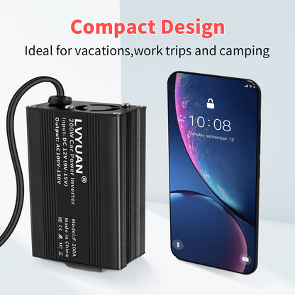 LVYUAN 200Watts Power Inverter Converter Adapter 12V DC to 110V AC Car Charger with 2 USB Ports for Cars, Camping, and Travel