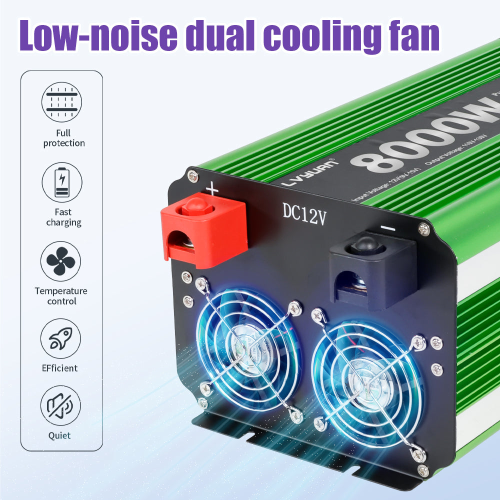LVYUAN 4000W 8000W Peak Pure Sine Wave Power Inverter 12V DC to 110V AC Converter, 60Hz/50Hz, 4 AC Outlets + USB, LCD Display, Remote Control for Car, RV, Camping & Home Backup Green