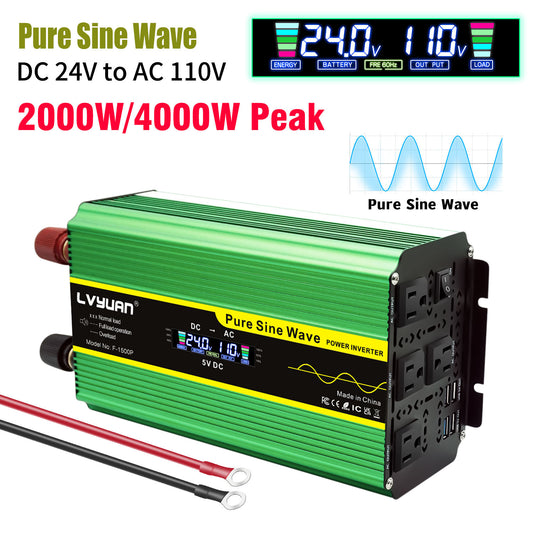 LVYUAN 2000W 4000W Pure Sine Wave Power Inverter DC 24V to AC 110V 120V Car Converter 4 AC Outlets + 4 USB LCD Display with Remote Control for Car, RV, Camping & Home Backup Green