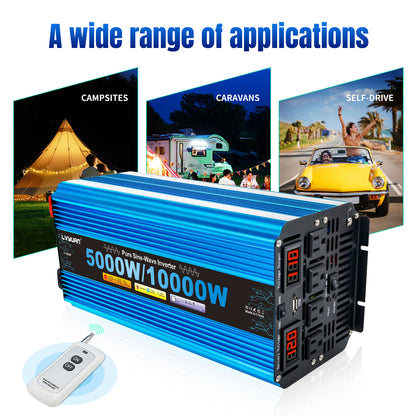LVYUAN 5000W 10000W Peak Pure Sine Wave Power Inverter 12V DC to 110V AC Converter, 60Hz/50Hz, 4 AC Outlets + USB, LED Display, Remote Control for Car, RV, Camping & Home Backup