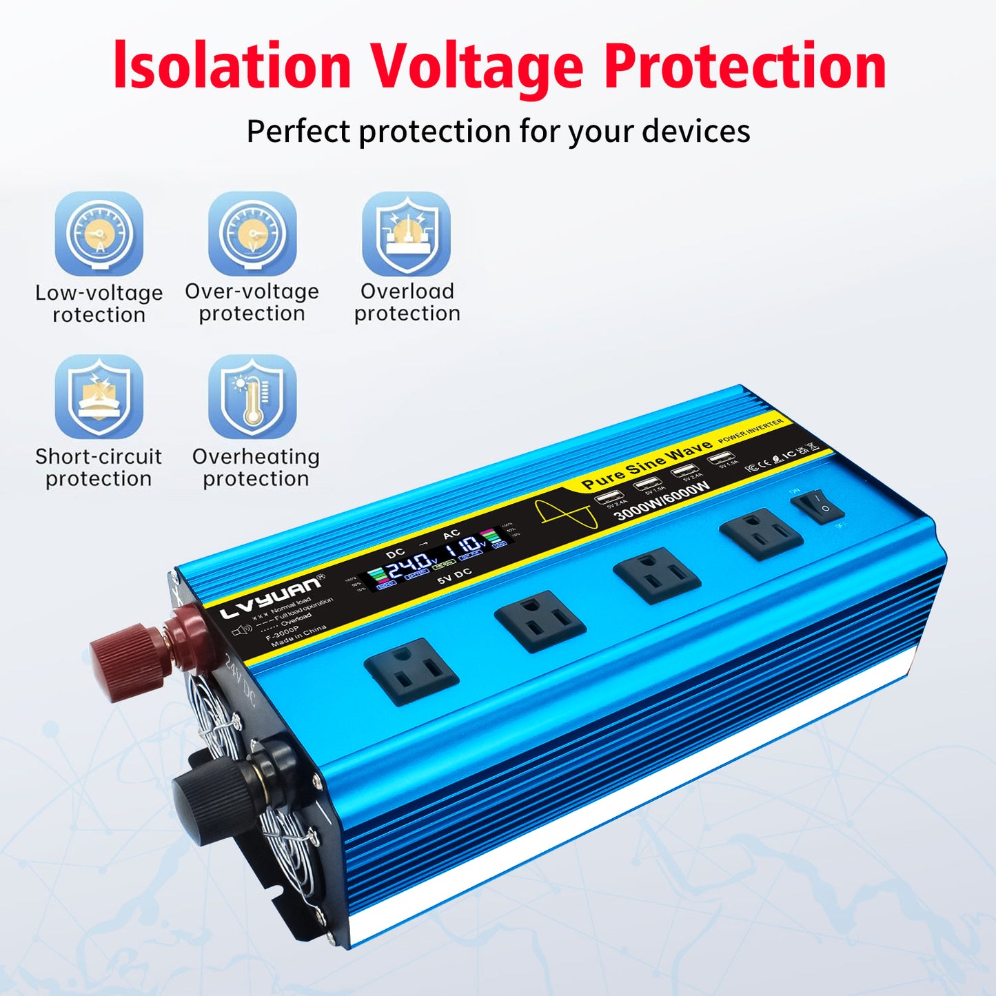 LVYUAN 3000W 6000W Pure Sine Wave Power Inverter DC 24V to AC 110V 120V Car Converter 4 AC Outlets + 4 USB LCD Display with Remote Control for Car, RV, Camping & Home Backup Blue