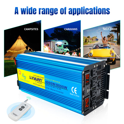 LVYUAN 4000W 8000W Peak Pure Sine Wave Power Inverter 24V DC to 110V AC Converter, 60Hz/50Hz, 4 AC Outlets + USB, LED Display, Remote Control for Car, RV, Camping & Home Backup