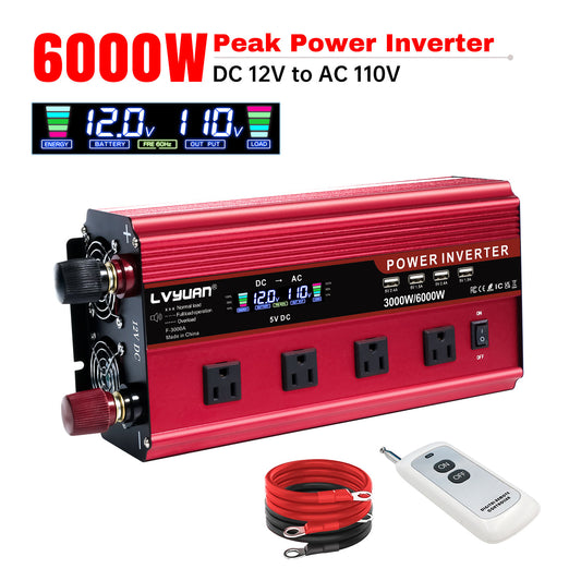 LVYUAN 3000W / 6000W Modified Sine Wave Power Inverter DC 12V to AC 110V Converter with LCD Display & Remote Control 4AC 4USB