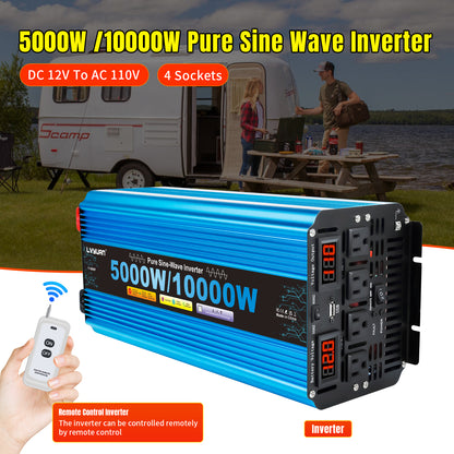 LVYUAN 5000W 10000W Peak Pure Sine Wave Power Inverter 12V DC to 110V AC Converter, 60Hz/50Hz, 4 AC Outlets + USB, LED Display, Remote Control for Car, RV, Camping & Home Backup
