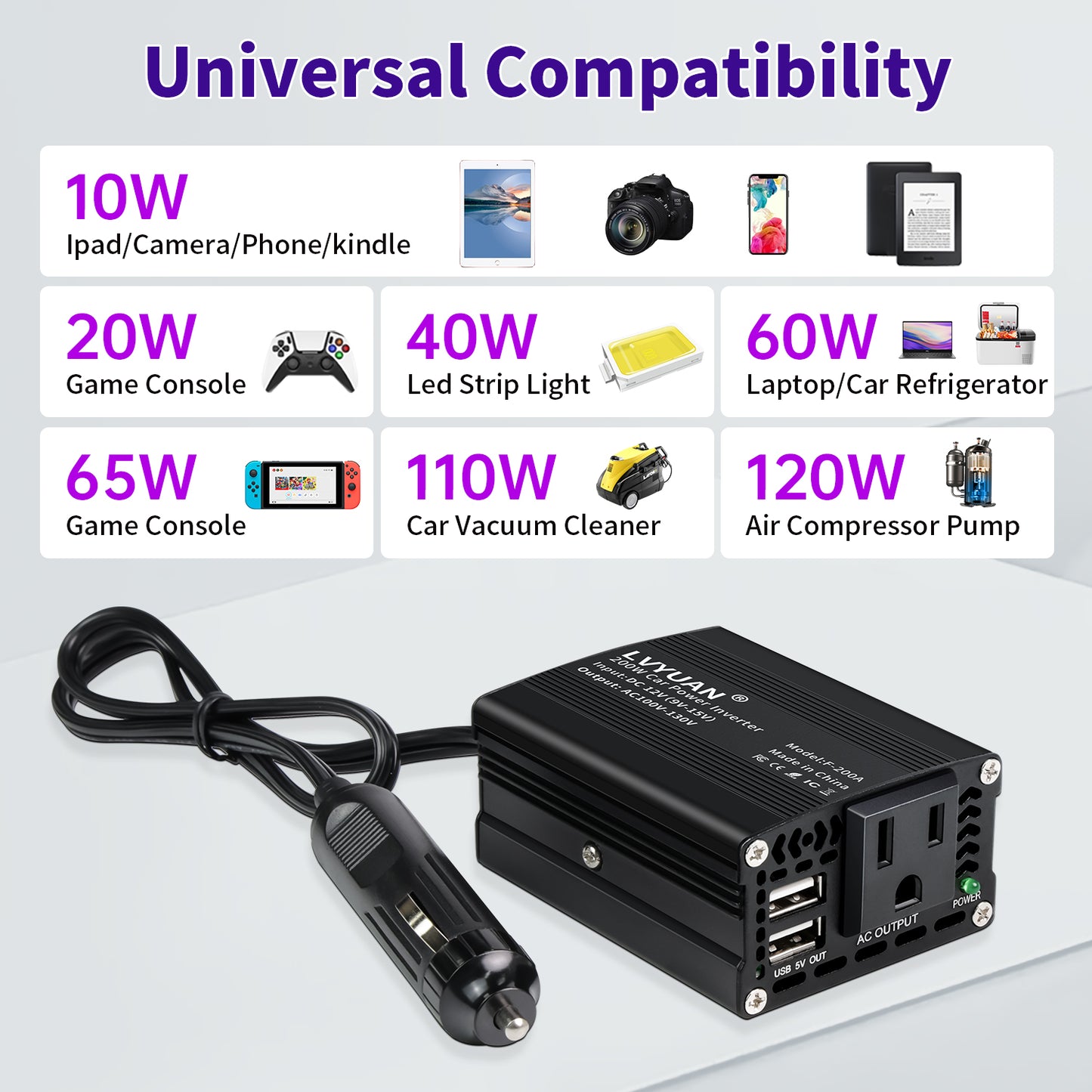 LVYUAN 200Watts Power Inverter Converter Adapter 12V DC to 110V AC Car Charger with 2 USB Ports for Cars, Camping, and Travel