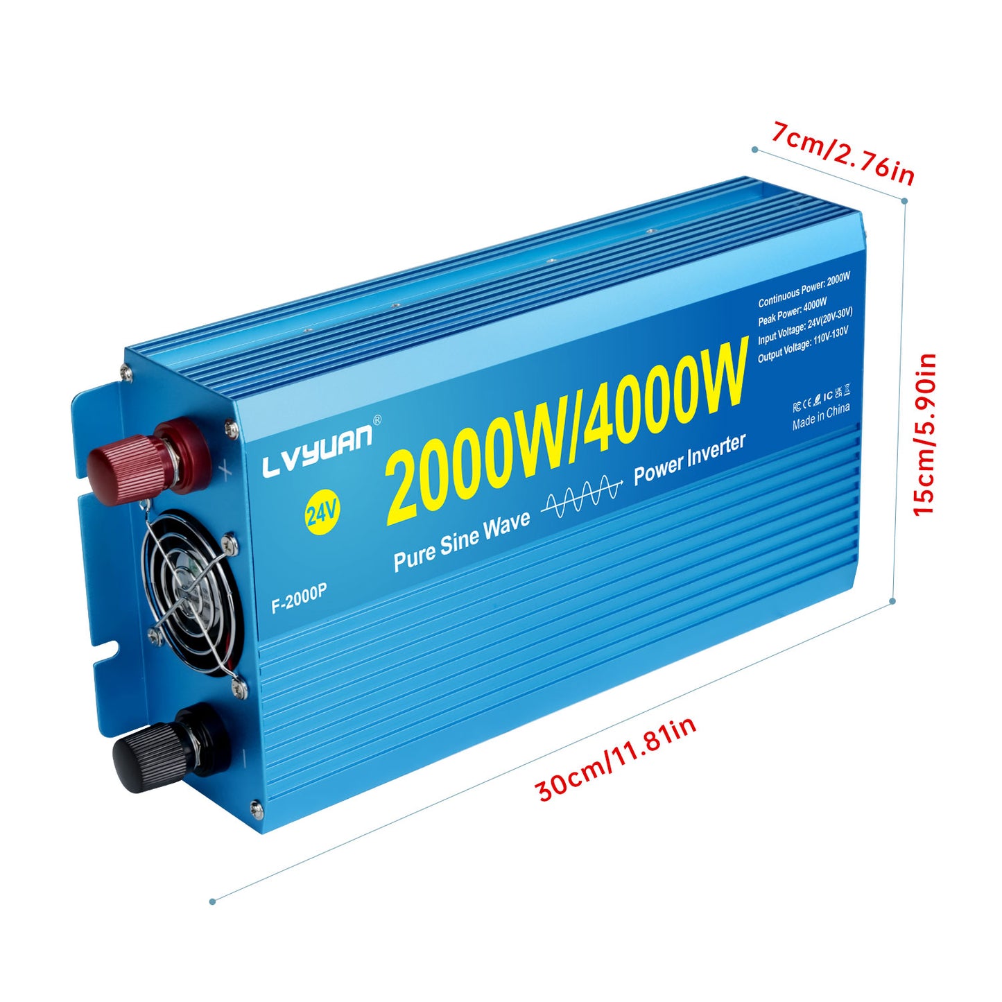 LVYUAN 2000W 4000W Peak Power Inverter DC 24V to AC 110V Pure Sine Wave Car Battery Inverter 3 AC Outlets Charger Adapter LCD Display for Car, RV, Truck, Camping, Home Backup, Emergency Power