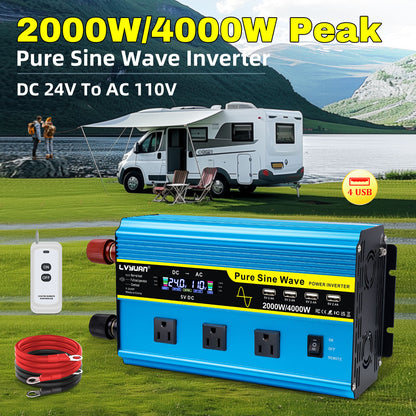 LVYUAN 2000W 4000W Pure Sine Wave Power Inverter DC 24V to AC 110V 120V Car Converter 3 AC Outlets + 4 USB LCD Display with Remote Control for Car, RV, Camping & Home Backup Blue