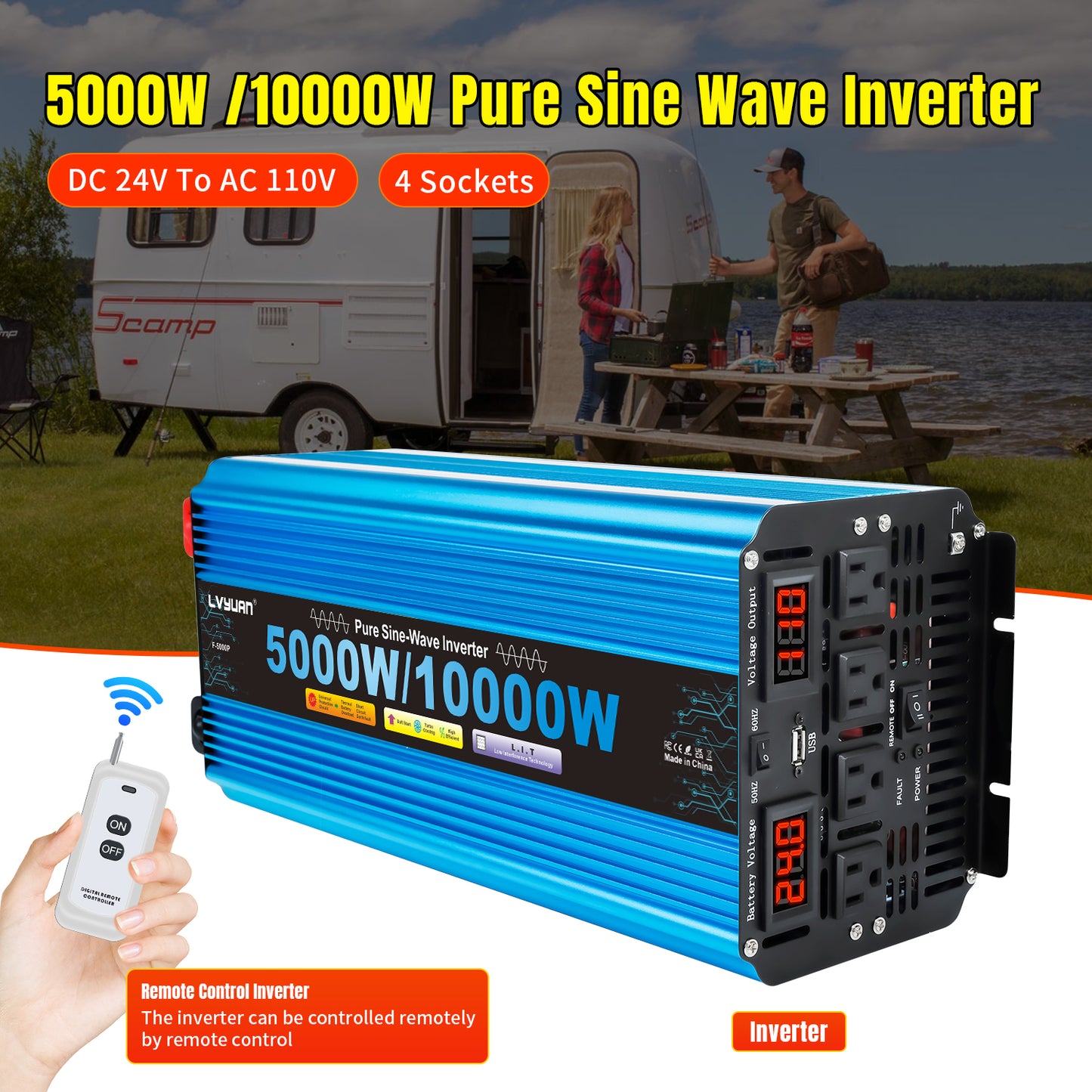 LVYUAN 5000W 10000W Peak Pure Sine Wave Power Inverter 24V DC to 110V AC Converter, 60Hz/50Hz, 4 AC Outlets + USB, LED Display, Remote Control for Car, RV, Camping & Home Backup