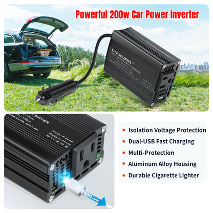 LVYUAN 200W Modified Sine Wave Car Power Inverter, DC 12V to AC 110V Converter with 20W PD USB-C & AC & 3.0 USB Adapter for Vehicles