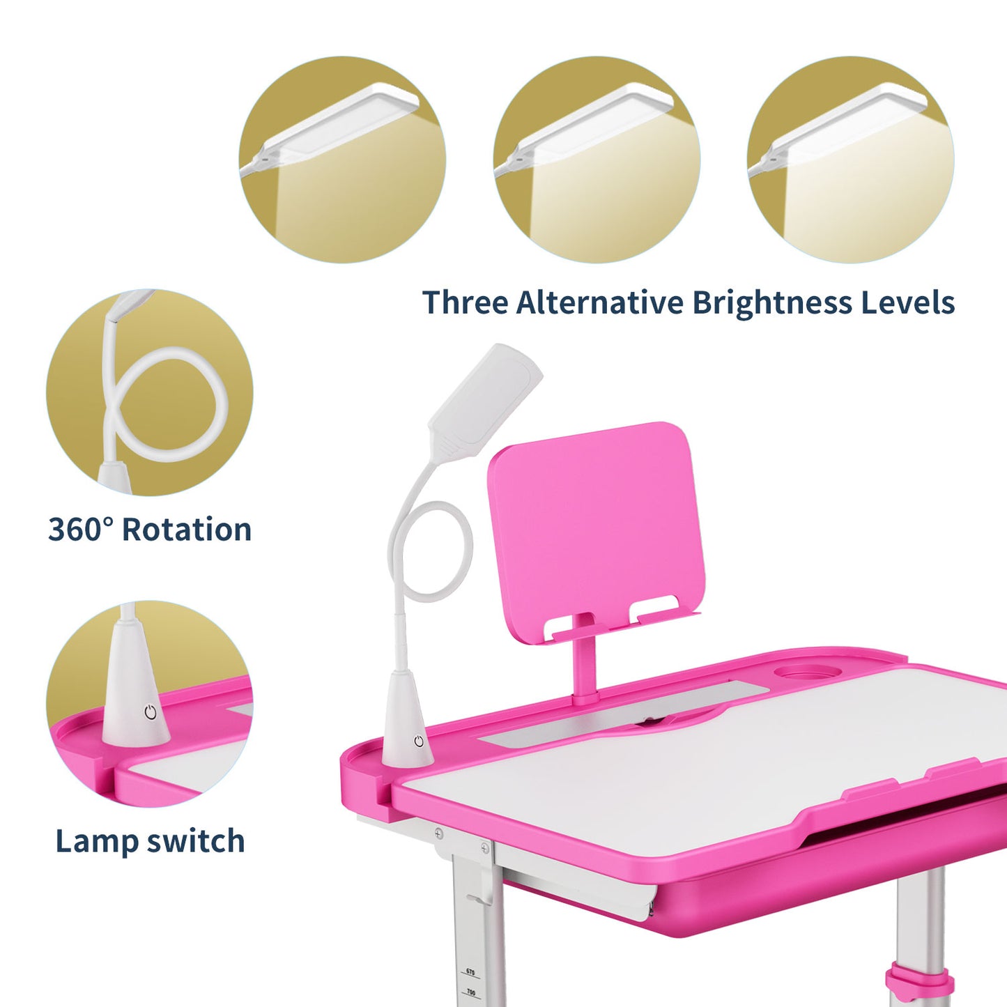 LVYUAN Kids Study Desk and Chair Set Height Adjustable Children School Study Drawing Desk Chair with LED Lamp, Tilt Desktop, Storage Drawer, Book Stand Pink