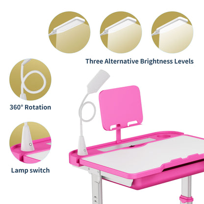 LVYUAN Kids Study Desk and Chair Set Height Adjustable Children School Study Drawing Desk Chair with LED Lamp, Tilt Desktop, Storage Drawer, Book Stand Pink