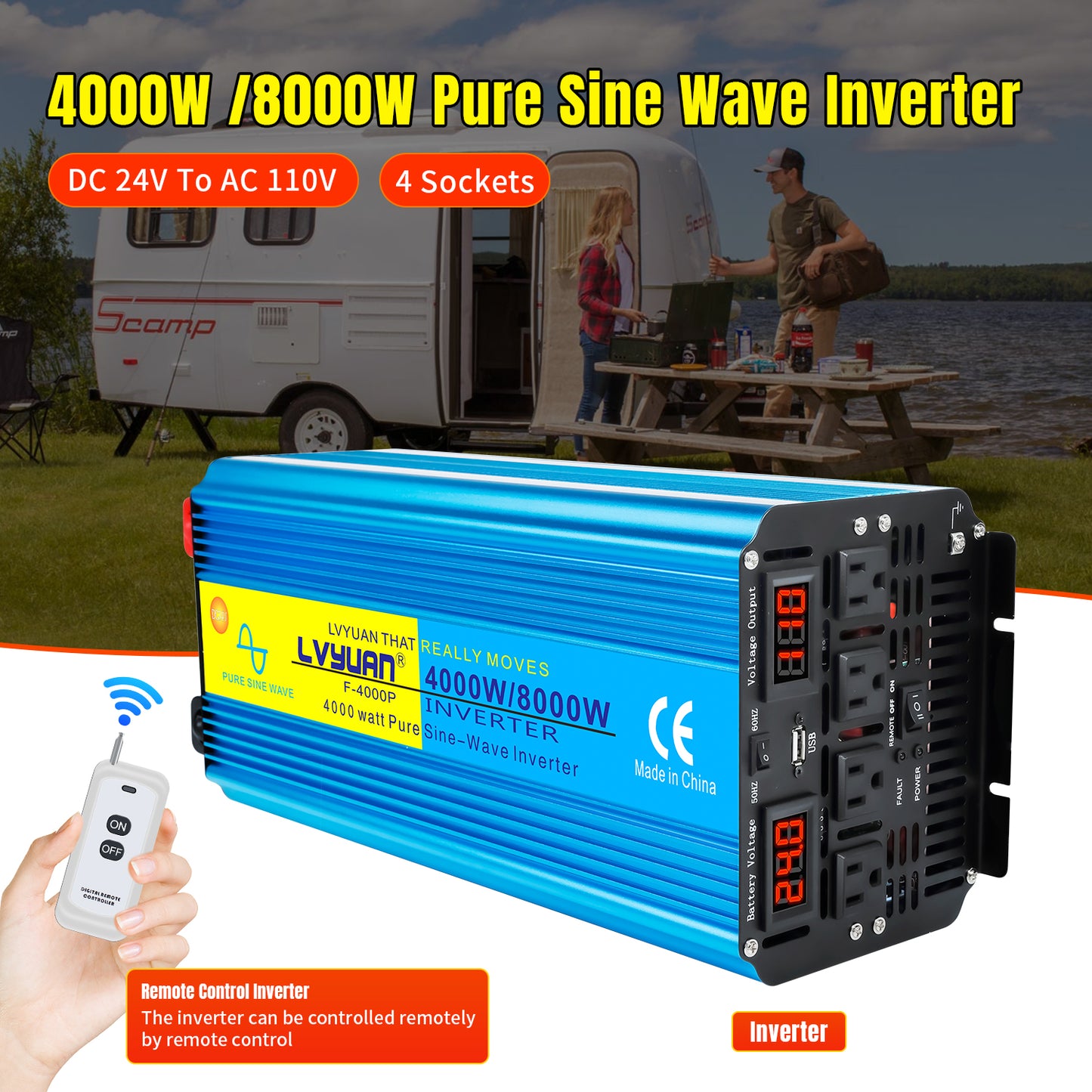 LVYUAN 4000W 8000W Peak Pure Sine Wave Power Inverter 24V DC to 110V AC Converter, 60Hz/50Hz, 4 AC Outlets + USB, LED Display, Remote Control for Car, RV, Camping & Home Backup