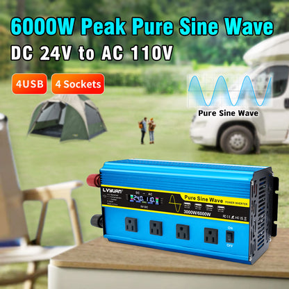 LVYUAN 3000W 6000W Pure Sine Wave Power Inverter DC 24V to AC 110V 120V Car Converter 4 AC Outlets + 4 USB LCD Display with Remote Control for Car, RV, Camping & Home Backup Blue