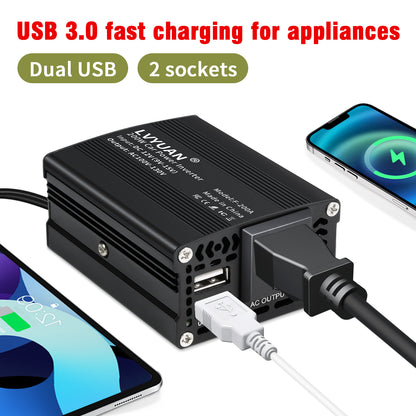 LVYUAN 200Watts Power Inverter Converter Adapter 12V DC to 110V AC Car Charger with 2 USB Ports for Cars, Camping, and Travel