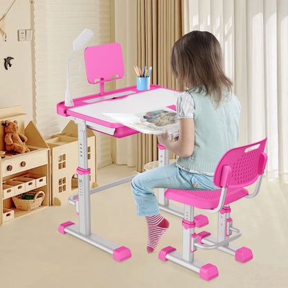 LVYUAN Kids Study Desk and Chair Set Height Adjustable Children School Study Drawing Desk Chair with LED Lamp, Tilt Desktop, Storage Drawer, Book Stand Pink