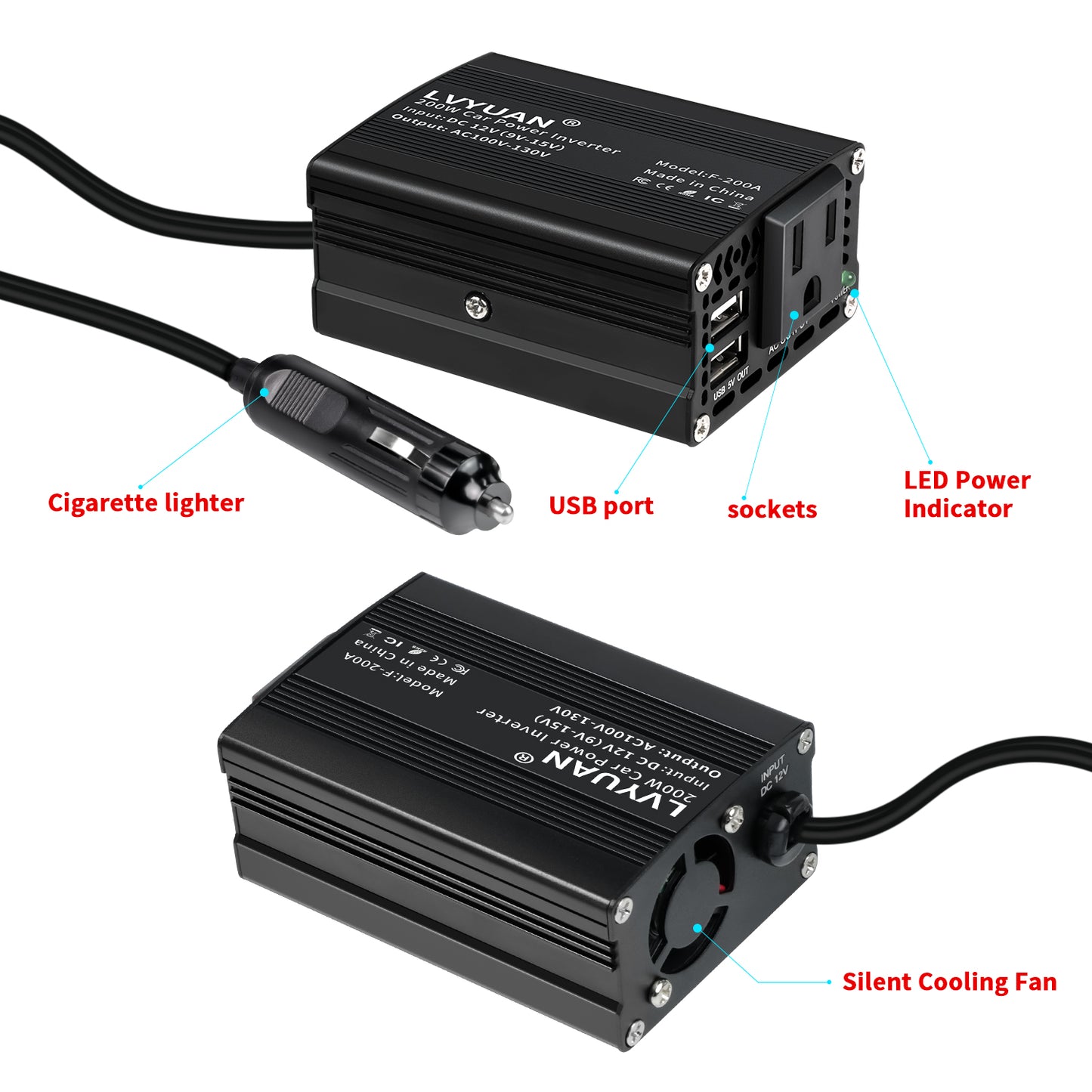 LVYUAN 200Watts Power Inverter Converter Adapter 12V DC to 110V AC Car Charger with 2 USB Ports for Cars, Camping, and Travel