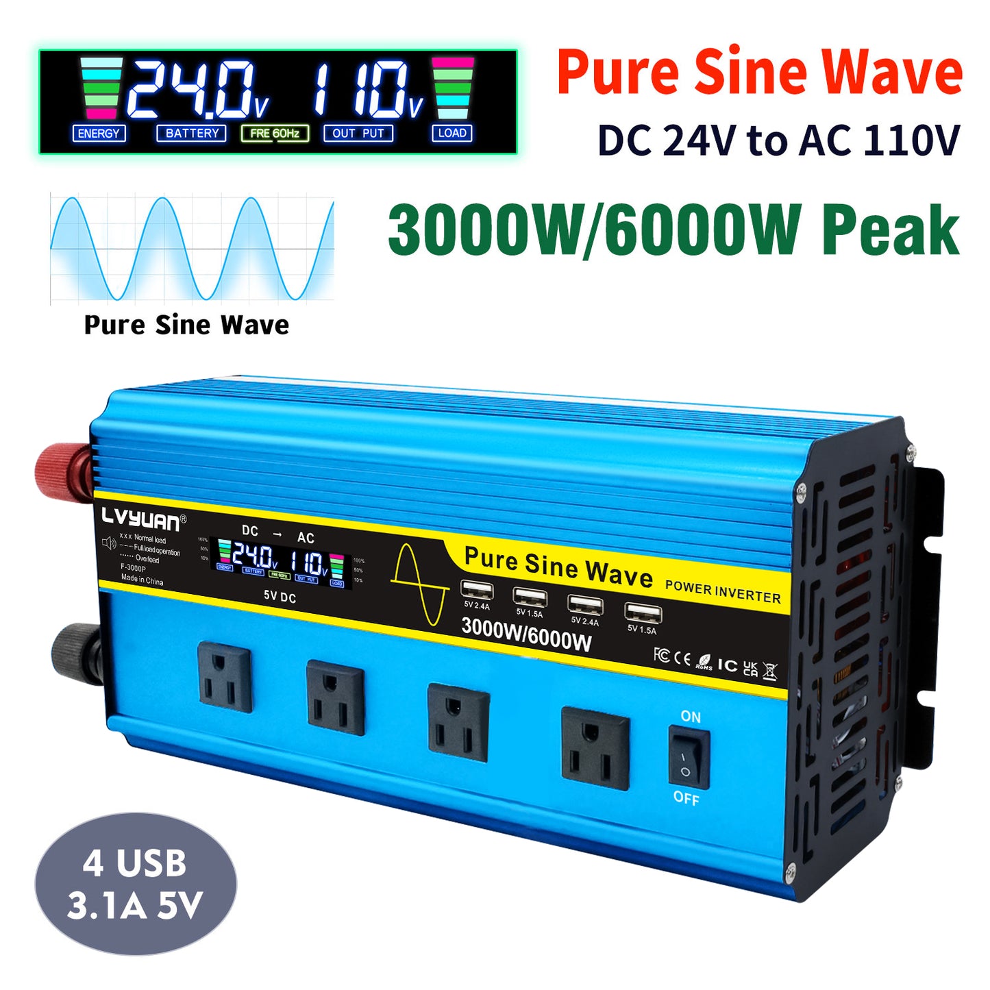 LVYUAN 3000W 6000W Pure Sine Wave Power Inverter DC 24V to AC 110V 120V Car Converter 4 AC Outlets + 4 USB LCD Display with Remote Control for Car, RV, Camping & Home Backup Blue