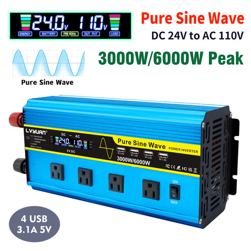 LVYUAN 3000W 6000W Pure Sine Wave Power Inverter DC 24V to AC 110V 120V Car Converter 4 AC Outlets + 4 USB LCD Display with Remote Control for Car, RV, Camping & Home Backup Blue