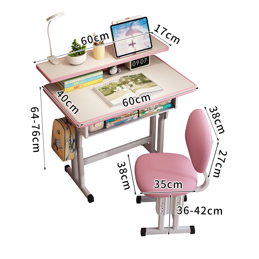 Kids Study Desk and Chair Set, LVYUAN Children School Drawing Desk Chair Set Height Adjustable Ergonomic Table and Chair Set  with LED Lamp, Book Stand, Storage Drawer, Hook Pink