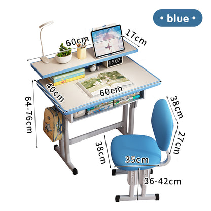 Kids Study Desk and Chair Set, LVYUAN Children School Drawing Desk Chair Set Height Adjustable Ergonomic Table and Chair Set  with LED Lamp, Book Stand, Storage Drawer, Hook Blue