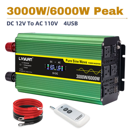 LVYUAN 3000W 6000W Pure Sine Wave Power Inverter DC 12V to AC 110V 120V Car Converter 4 AC Outlets + 4 USB LCD Display with Remote Control for Car, RV, Camping & Home Backup Green