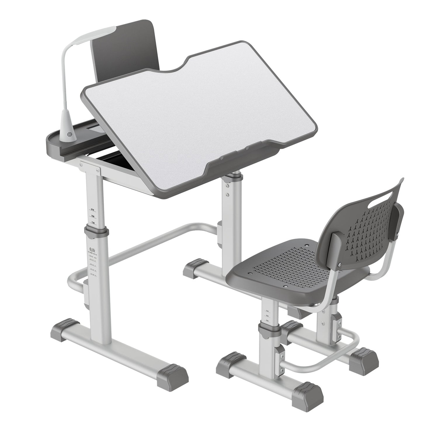 LVYUAN Kids Study Desk and Chair Set Height Adjustable Children School Study Drawing Desk Chair with LED Lamp, Tilt Desktop, Storage Drawer, Book Stand Grey