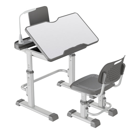 LVYUAN Kids Study Desk and Chair Set Height Adjustable Children School Study Drawing Desk Chair with LED Lamp, Tilt Desktop, Storage Drawer, Book Stand Grey