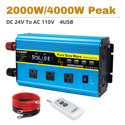 LVYUAN 2000W 4000W Pure Sine Wave Power Inverter DC 24V to AC 110V 120V Car Converter 3 AC Outlets + 4 USB LCD Display with Remote Control for Car, RV, Camping & Home Backup Blue