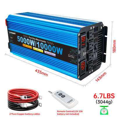 LVYUAN 5000W 10000W Peak Pure Sine Wave Power Inverter 12V DC to 110V AC Converter, 60Hz/50Hz, 4 AC Outlets + USB, LED Display, Remote Control for Car, RV, Camping & Home Backup