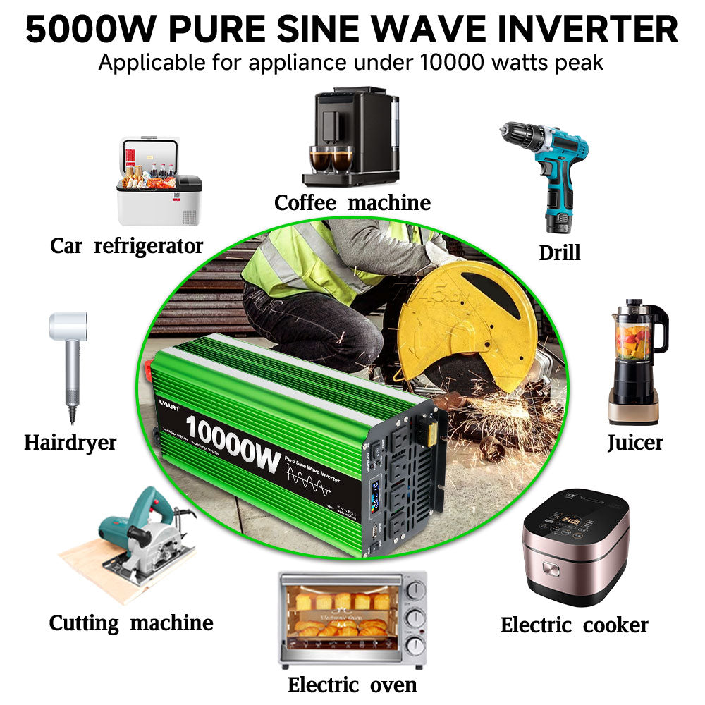 LVYUAN 5000W 10000W Peak Pure Sine Wave Power Inverter 12V DC to 110V AC Converter, 60Hz/50Hz, 4 AC Outlets + USB, LCD Display, Remote Control for Car, RV, Camping & Home Backup Green